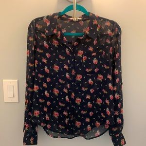 Papaya Navy Button down Blouse with pink flowers Size M